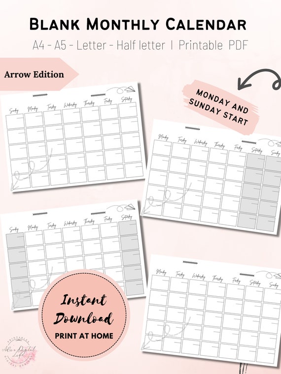 Blank Monthly Calendar / PDF / Blank Monthly Planner / Monday and Sunday  Start / A4 A5 Letter Half Letter - Etsy