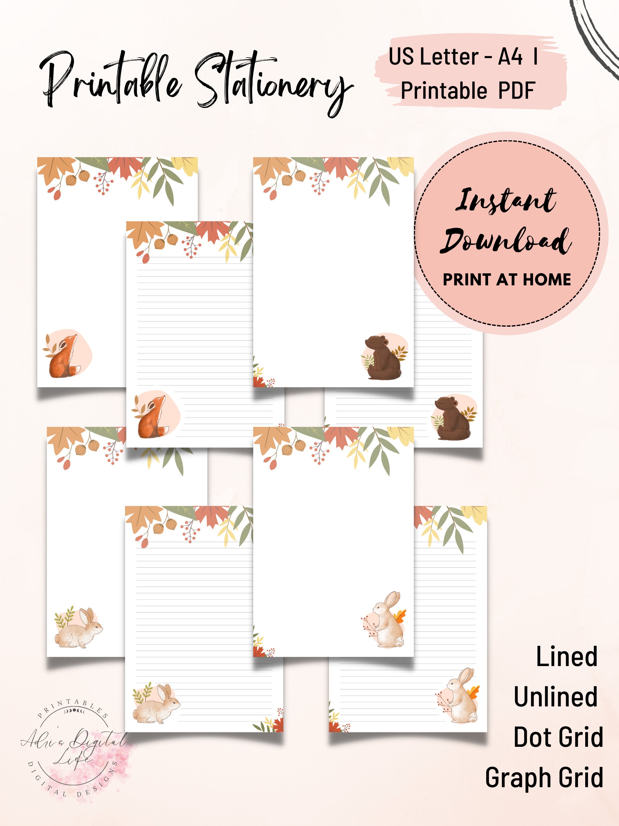 Printable Stationery Set US Letter A4 Size Instant Download PDF and PNG ...