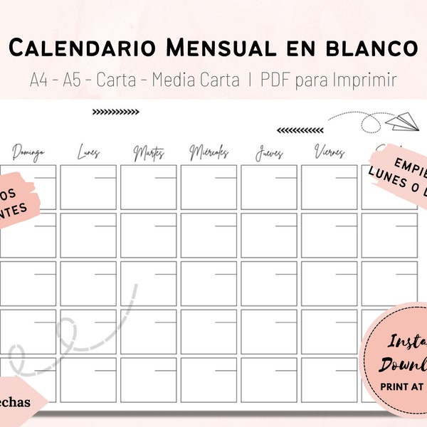 Calendario Mensual en blanco para Imprimir /PDF / Planificador Mensual en español / Descarga Digital / Tamaños A4 - A5 - Carta - Media Carta