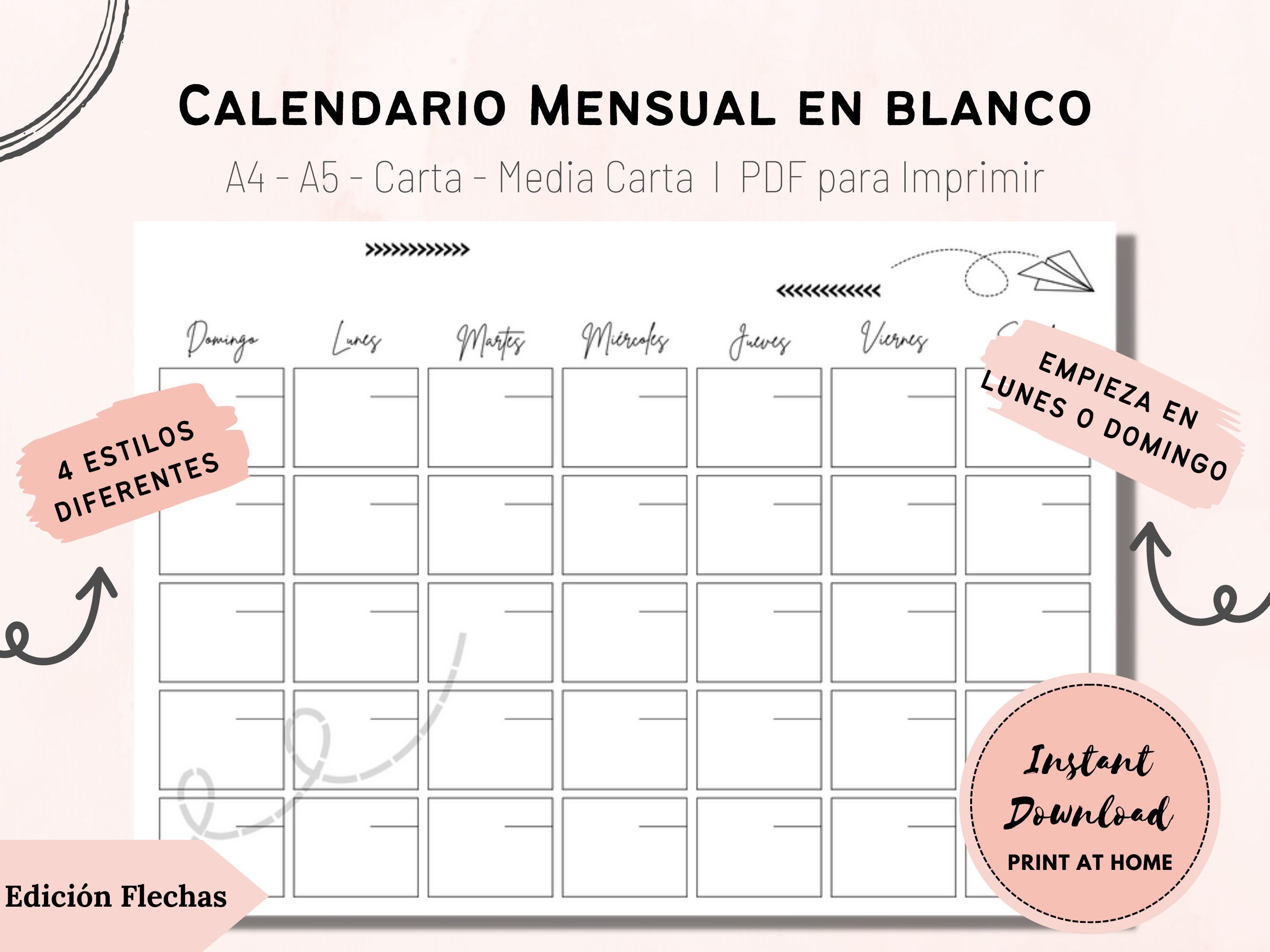Calendario Mensual En Blanco Para Imprimir /PDF / Planificador Mensual