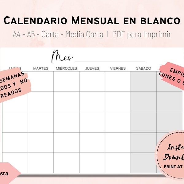 Calendario Sencillo en Blanco para imprimir / PDF / Calendario digital imprimible para agendas y journals / A4 - A5 - Carta - Doble Carta