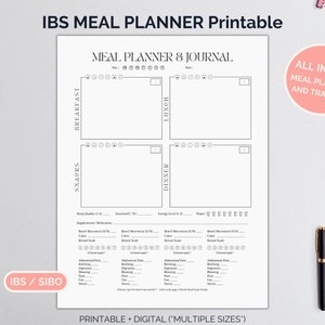 May include: A printable IBS Meal Planner & Journal with sections for breakfast, lunch, snacks, and dinner. Includes a tracker for sleep, exercise, water intake, and bowel movements. The text reads "IBS MEAL PLANNER Printable" and "ALL IN ONE MEAL PLANNER AND TRACKER."