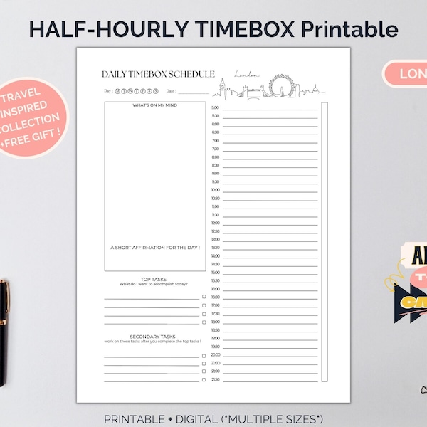 London -Daily Timebox Planner, Printable PDFs, ADHD Daily Planner, Time Block Journal,Timeboxing,To-Do List Planner, Unique Digital Download