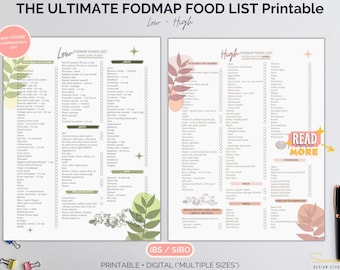 FODMAP-voedsellijst afdrukbaar, FODMAP-arm en FODMAP-voedsel, PDS-dieetgids, digitale download