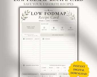 Low Fodmap Recipe Card Printable | IBS Recipe Planner | SIBO Recipe Template | Healthy Recipe Card | Kitchen Organizer | PDF Download