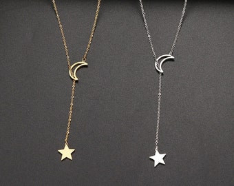 Minimalistische  -Y- Halskette mit Mond/Sterne Anhänger in Gold/Silber aus Edelstahl, Kette, Mond, Sterne, Geschenk