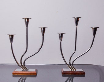 Pair of art deco candlesticks in stainless steel and rosewood 3 flames, Spain, 1970