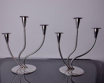 Pair of art deco candlesticks in stainless steel 3 flames, Spain, 1970