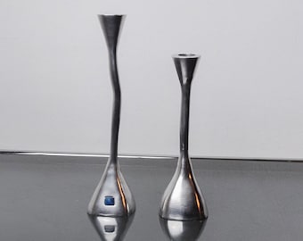 Pair of zigzag candle holders, solid aluminum and polished stone, art3, Spain, 1970