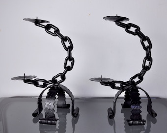 Pair of Brutalist "Chains" Candlesticks, Italy, 1960