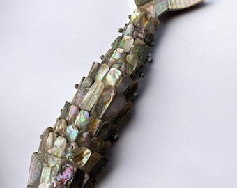 Articulated Abalone shell and Brass Fish Bottle Opener, Mexico, 1980's, 18 cm