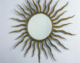 French Sunburst Starburst Mirror in Gilt Iron, 1950's