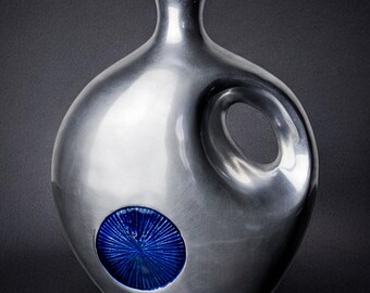 Biomorphic vase by Art3, aluminum and blue glazed ceramic, Spain, 1980