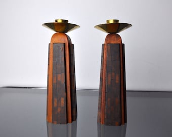 Pair of "David" candlesticks in olive wood, Handcrafted in Israel, 1960