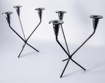 Pair of art deco stainless steel 3-flame candlesticks, Spain, 1970