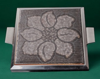 Space age floral gray ceramic trivet, spain, 1970's