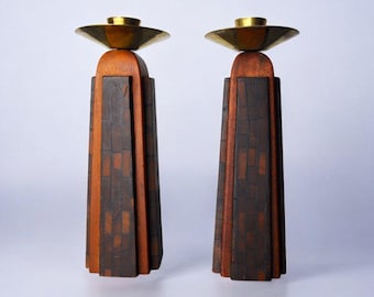 Pair of "David" candlesticks in olive wood, Handcrafted in Israel, 1960