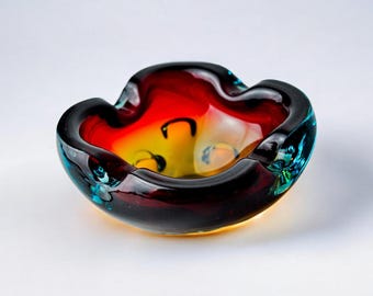 Sommerso orange and blue trinket tray by Flavio Poli for Seguso, Murano glass, Italy, 1970