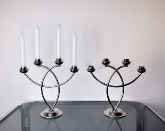 Pair of art deco candlesticks in stainless steel, 4 flames, Spain, 1970