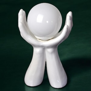 Hands lamp in white ceramic, opaline globe, France 1980