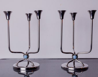 Pair of art deco candlesticks in stainless steel 3 flames and blue stones, Spain, 1970