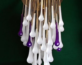 Cascading ceiling lamp by Venini, murano crystals, two-tone purple and white, Italy, 1960