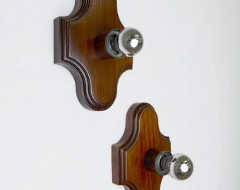 Pair of Geometric Art Deco Wall Lights, Carved brown wood, France, 1960s