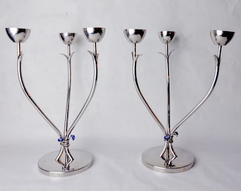 Pair of art deco candlesticks in stainless steel 3 flames and blue stones, Spain, 1970