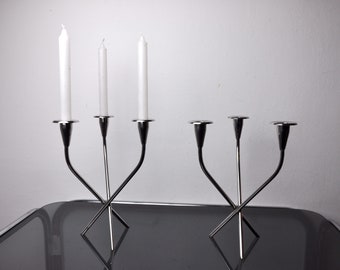 Pair of Scandinavian 3-arm candlesticks in alpaca, Sweden, 1970