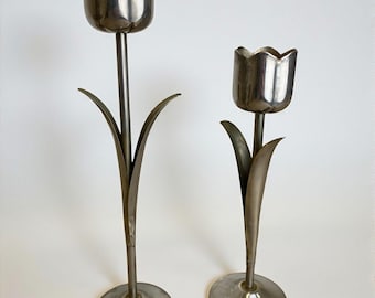 Pair of chromed tulip candle holders, 1970's, Italy
