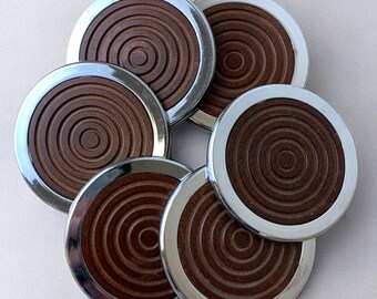 Regency chromed and wood coasters, set of 6, Spain, 1970's
