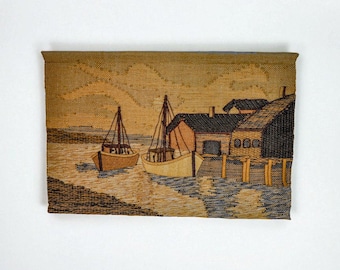 Spanish 1970s Folk Art Wool Tapestry – Coastal Harbor with Boats