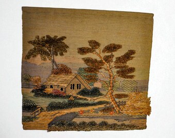 Spanish 1970s Folk Art Wool Tapestry – Thatched English Cottage & Tree Landscape