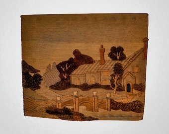 Spanish 1970s Folk Art Wool Tapestry – English Cottage Landscape