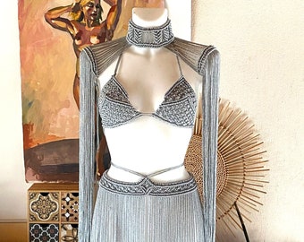 Silver Macrame Festival Set, Rave Party Outfit, Burning Man Costume