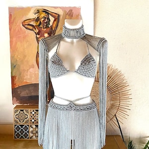 Silver festival set of macrame bra, macrame skirt and macrame shoulders,Rave party outfit,Burning man festival outfit,Greek Goddess dress