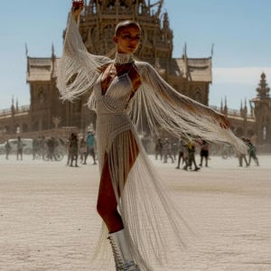 May include: A white fringe dress featuring a deep V-neckline and long, flowing fringe sleeves that extend from the shoulders. The garment is paired with metallic silver platform boots that reach mid-calf and feature a lace-up front design.