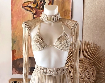 Festival set of macrame bra, macrame skirt and macrame shoulders,  Festival Outfit woman, Festival macrame top