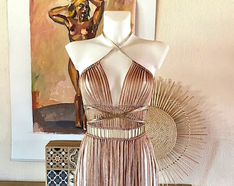 Gold Macrame Goddess Dress, Burning Man Festival Outfit