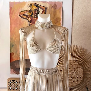 Festival set of macrame bra, macrame skirt and macrame shoulders,  Festival Outfit woman, Festival macrame top