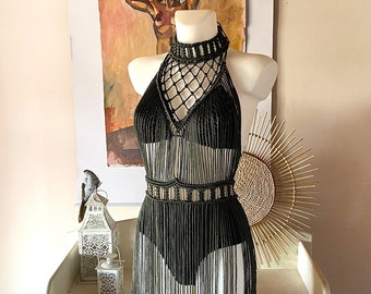 Burning man-outfit, festival mesh-jurk in kaki, festivalmode vrouw, macramé-jurk visnet, pure jurk, macramé-top, Fire Performance