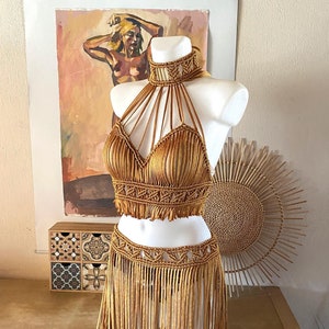 Tenue de festival pour femme, haut et jupe en macramé en or vintage, tenue rave, ensemble de festival, tenue de festival Burning man, robe Cléopâtre
