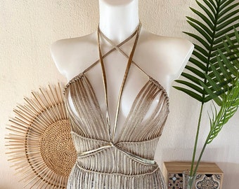 Greek Goddess dress in gold, Festival Clothing woman, Festival macrame dress, Festival Outfit woman,Festival wear,Festival top, Burning man