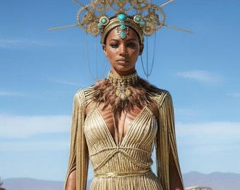 Burning man costume, Golden Rave outfit, Gold Goddess dress, Sparkly shiny festival clothing, Bohemian macrame dress, Cleopatra gown