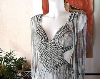 Rave party dress,Festival outfit woman,Silver Goddess dress,Festival macrame dress,Rave outfit woman,Burning man outfit,Cleopatra dress