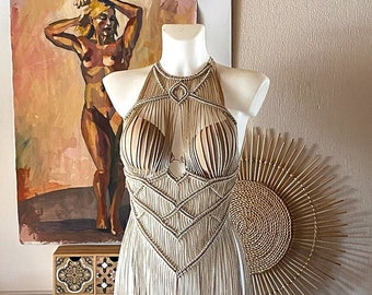 Gold Goddess Macrame Rave Dress, Burning Man Festival Outfit