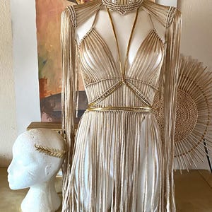 Burning man costume, Golden Rave outfit, Gold Goddess dress, Sparkly shiny festival clothing, Bohemian macrame dress, Cleopatra gown image 12
