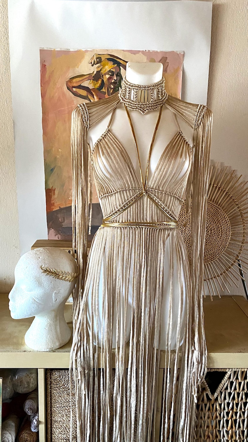 Burning man costume, Golden Rave outfit, Gold Goddess dress, Sparkly shiny festival clothing, Bohemian macrame dress, Cleopatra gown image 12
