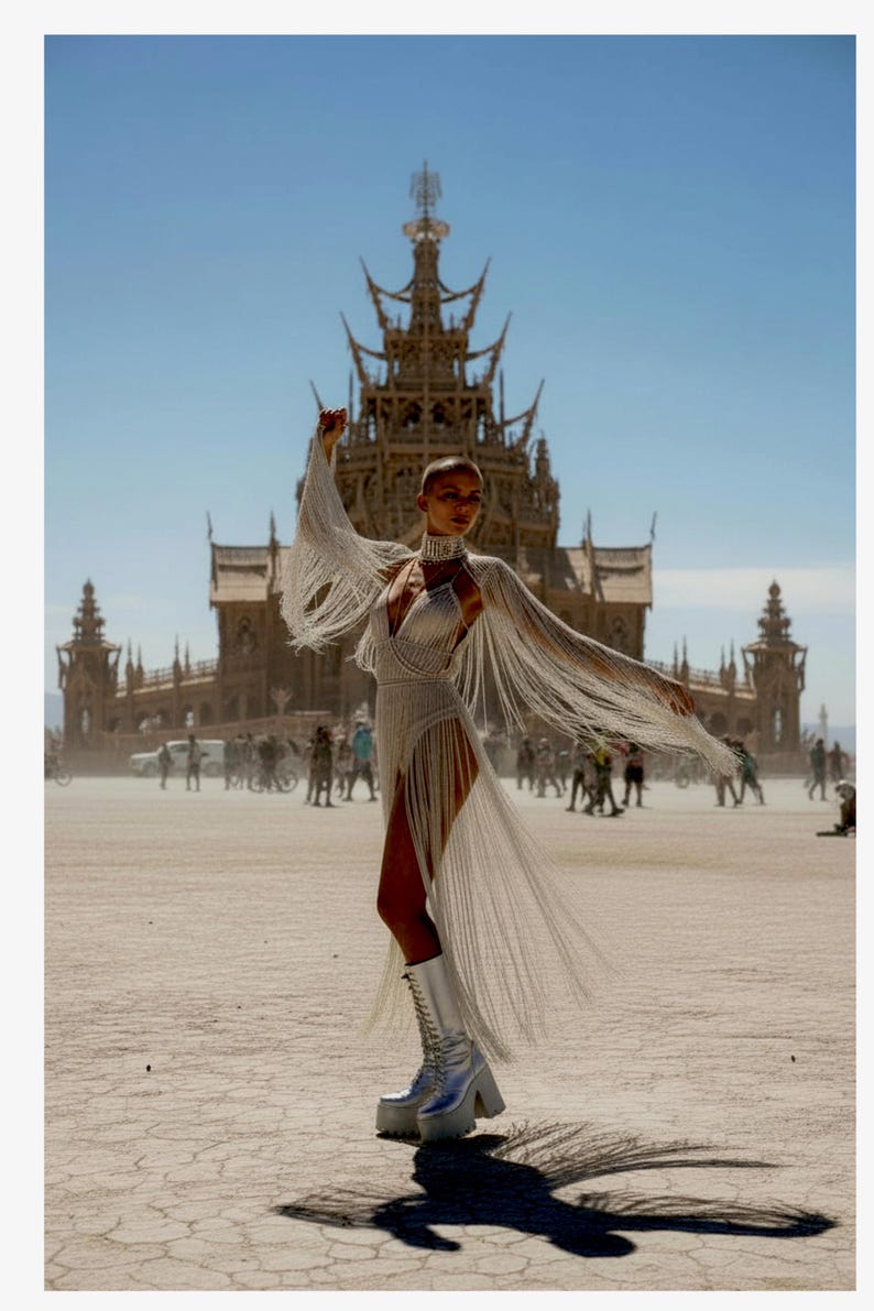May include: A white fringe dress featuring a deep V-neckline and long, flowing fringe sleeves that extend from the shoulders. The garment is paired with metallic silver platform boots that reach mid-calf and feature a lace-up front design.