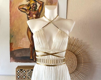 Macrame Festival Dress, Goddess Rave Outfit, Gold Lace